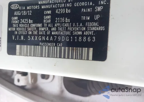 2013 Kia Optima Ex z USA, uszkodzony, nr VIN 5XXGN4A79DG118863